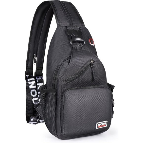 💫 Men Black Crossbody Sling Earphone Hole Multipurpose Travel Hiking Backpack - Picture 1 of 6